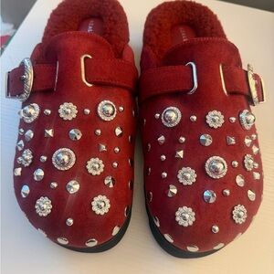 Stylish Red Mules with Silver Accents